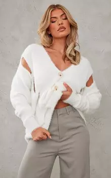 PrettyLittleThing Кремовый объемный вязаный кардиган с вырезами и ресницами