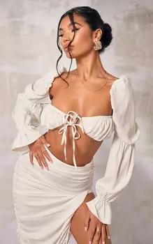 PrettyLittleThing Кремовый плетеный бюстгальтер без косточек с длинными рукавами и завязкой спереди