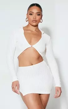 PrettyLittleThing Кремовый текстурированный топ с воротником-стойкой и длинными рукавами на пуговицах спереди