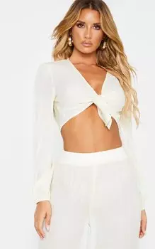 PrettyLittleThing Кремовый текстурированный укороченный топ с длинными рукавами и завязками спереди
