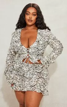 PrettyLittleThing Кремовый топ с леопардовым принтом на шнуровке и рюшами