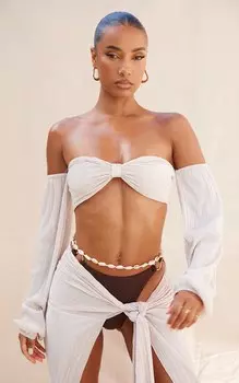 PrettyLittleThing Кремовый укороченный пляжный топ с открытыми плечами и длинными рукавами плиссе