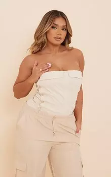 PrettyLittleThing Кремовый укороченный топ-бандо с джинсовой отделкой на пуговицах