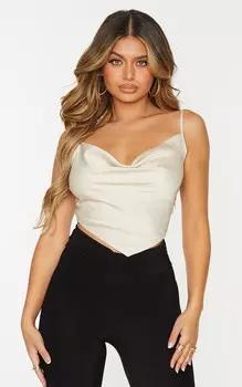 PrettyLittleThing Кремовый укороченный топ на бретельках из кованого атласа с воротником-хомутом