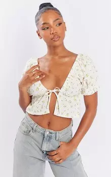 PrettyLittleThing Кремовый укороченный топ с завязками спереди и цветочным принтом Ditsy