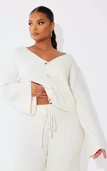 PrettyLittleThing Кремовый вязаный кардиган на пуговицах в рубчик Plus