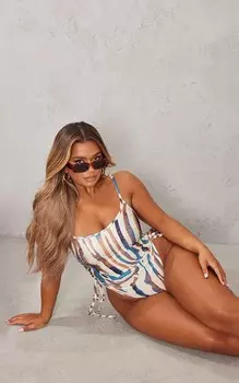 PrettyLittleThing Купальник с высокой посадкой и рюшами по бокам с животным принтом Shape Stone