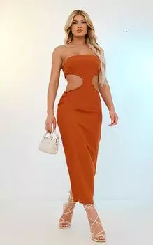 PrettyLittleThing Льняное платье-бандо цвета ржавчины с вырезом по бокам