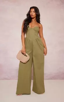 PrettyLittleThing Льняной комбинезон цвета хаки на косточках с корсетом-бандо