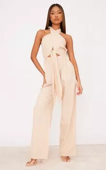 PrettyLittleThing Льняной комбинезон Stone с перекрестной бретелькой и вырезами