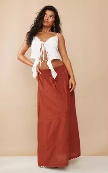 PrettyLittleThing Макси-юбка из хлопкового поплина цвета ржавчины с кружевной отделкой