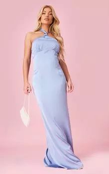 PrettyLittleThing Минерально-синее атласное платье макси с завязкой под грудью и вырезом халтер