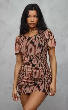 PrettyLittleThing Мини-платье с многоцветным лифом и объемными рукавами и леопардовым принтом