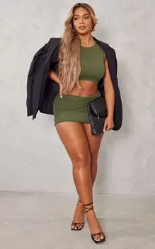 PrettyLittleThing Мини-юбка цвета хаки с необработанным подолом в рубчик