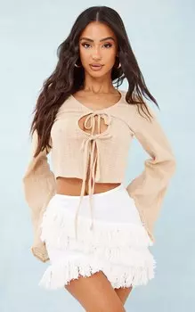 PrettyLittleThing Миниатюрная белая льняная мини-юбка с кисточками спереди
