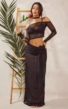 PrettyLittleThing Миниатюрная черная длинная юбка в сеточку с цветочным узором