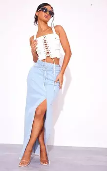 PrettyLittleThing Миниатюрная голубая джинсовая юбка мидакси с асимметричной талией