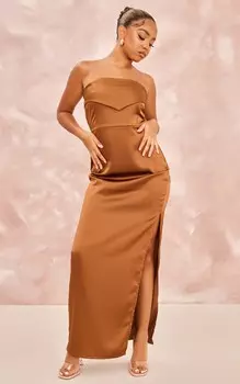 PrettyLittleThing Миниатюрное атласное платье мидакси шоколадно-коричневого цвета с разрезом и разрезом