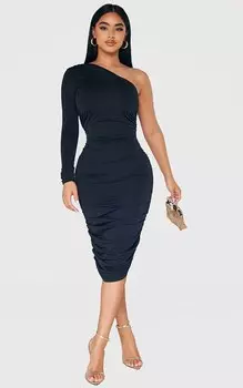 PrettyLittleThing Миниатюрное черное облегающее платье со сборками и длинными рукавами