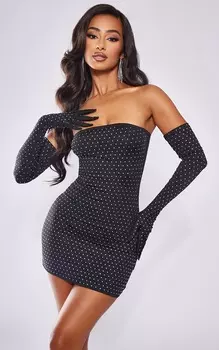 PrettyLittleThing Миниатюрное черное платье-бандо со стразами и перчатками