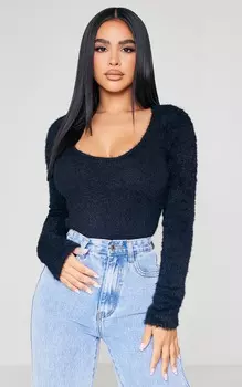 PrettyLittleThing Миниатюрное черное пушистое боди с круглым вырезом и длинными рукавами