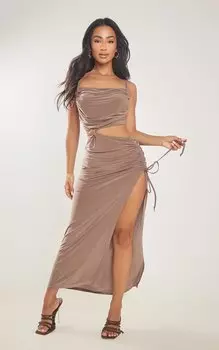 PrettyLittleThing Миниатюрное коричневое облегающее платье мидакси