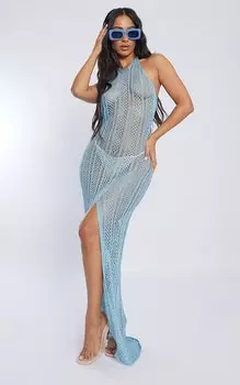 PrettyLittleThing Миниатюрное синее трикотажное платье с воротником халтер и блестками