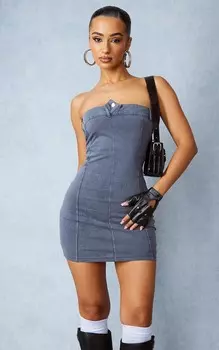 PrettyLittleThing Миниатюрное темно-серое мини-платье с поясом Petite