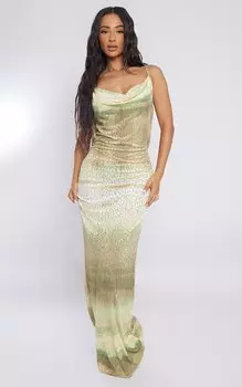 PrettyLittleThing Миниатюрное зеленое платье макси с капюшоном и флокированной сеткой с принтом омбре