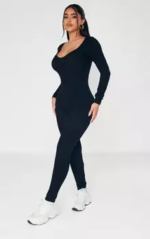 PrettyLittleThing Миниатюрный черный вязаный комбинезон с длинными рукавами