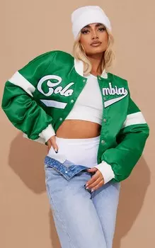 PrettyLittleThing Миниатюрный объемный бомбер ярко-зеленого цвета с надписью Varsity спереди
