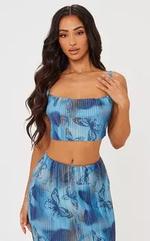 PrettyLittleThing Миниатюрный синий топ с плиссированным бретельками и воротником-хомутом с принтом бабочки