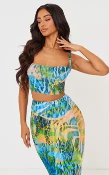 PrettyLittleThing Миниатюрный топ с воротником-хомутом и плиссированными бретелями с абстрактным животным принтом