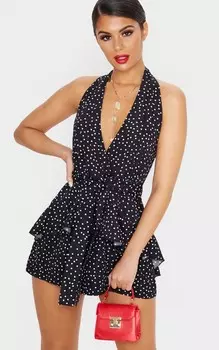 PrettyLittleThing Монохромный комбинезон в горошек с воротником халтер