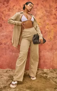 PrettyLittleThing Мягкие мятые пляжные брюки прямого кроя Stone