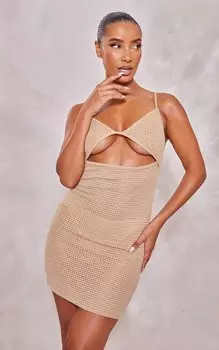 PrettyLittleThing Мягкое коричневое облегающее платье с трикотажной текстурой и вырезами на бретелях