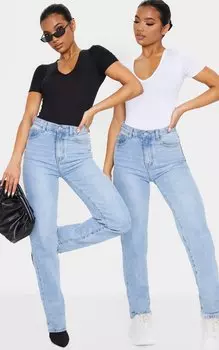 PrettyLittleThing Набор базовых черно-белых боди из хлопковой смеси с V-образным вырезом и короткими рукавами (2 шт.)