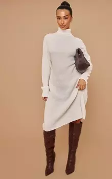 PrettyLittleThing Объемное платье-джемпер миди кремового цвета Petite с высоким воротником и высоким воротником