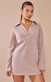 PrettyLittleThing Объемное платье-джемпер в рубчик с V-образным вырезом Stone