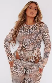 PrettyLittleThing Облегающее боди с длинными рукавами и коричневым джинсовым принтом с леопардовым принтом