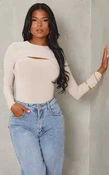 PrettyLittleThing Облегающее боди Stone с вырезами спереди и длинными рукавами