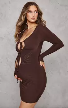 PrettyLittleThing Облегающее мини-платье с вырезами шоколадного цвета для беременных