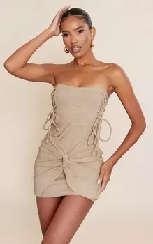 PrettyLittleThing Облегающее платье-бандо из эластичной ткани мокко со шнуровкой и корсетом