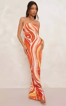 PrettyLittleThing Облегающее платье-бандо с оранжевым принтом и завитками