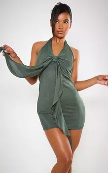 PrettyLittleThing Облегающее платье цвета хаки с облегающим узлом и воротником-халтер из ацетата