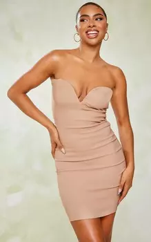 PrettyLittleThing Облегающее платье из эластичной ткани светло-коричневого цвета со сборками и V-образным вырезом