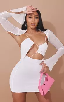 PrettyLittleThing Облегающее платье из кремовой сетки с накладными деталями и шнуровкой