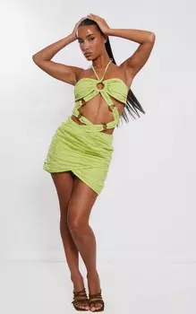 PrettyLittleThing Облегающее платье из льняного цвета лаймового цвета с вырезами в виде колец