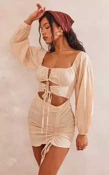 PrettyLittleThing Облегающее платье из льняного камня с вырезами и рюшами