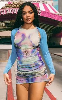 PrettyLittleThing Облегающее платье из сетчатой ткани с принтом и воротником-борцовкой
